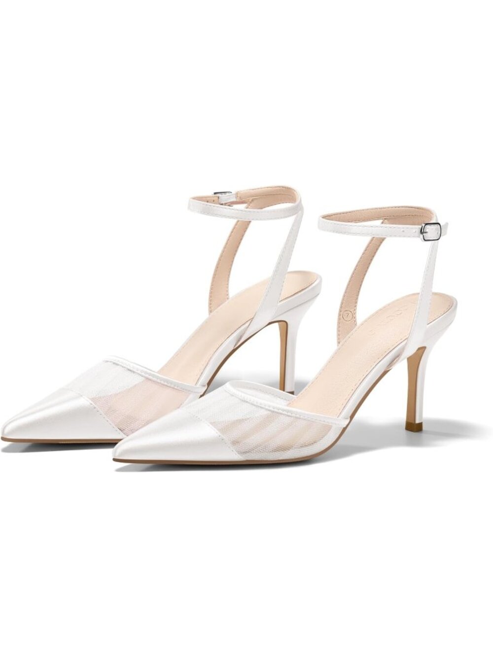 Women's White Closed Toe High Heels Satin Pointed Toe Ankle Strap Patchwork